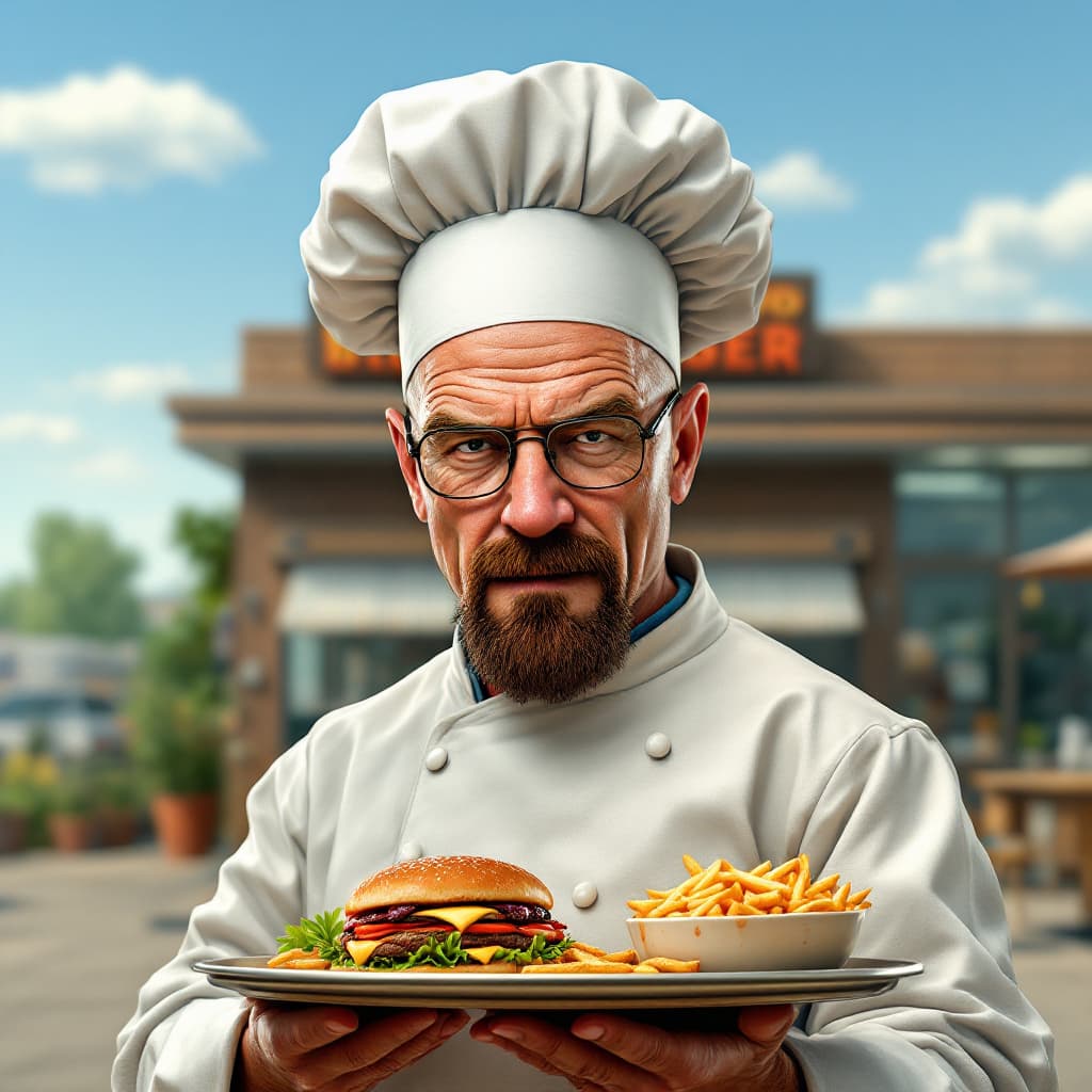 AI generated: (Photorealistic) Walter White from Breaking Bad, with the text "Ricardinho Burger" in the same style...