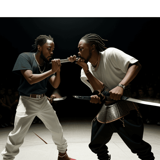 AI generated: kendrick lamar sword fighting with other rappers