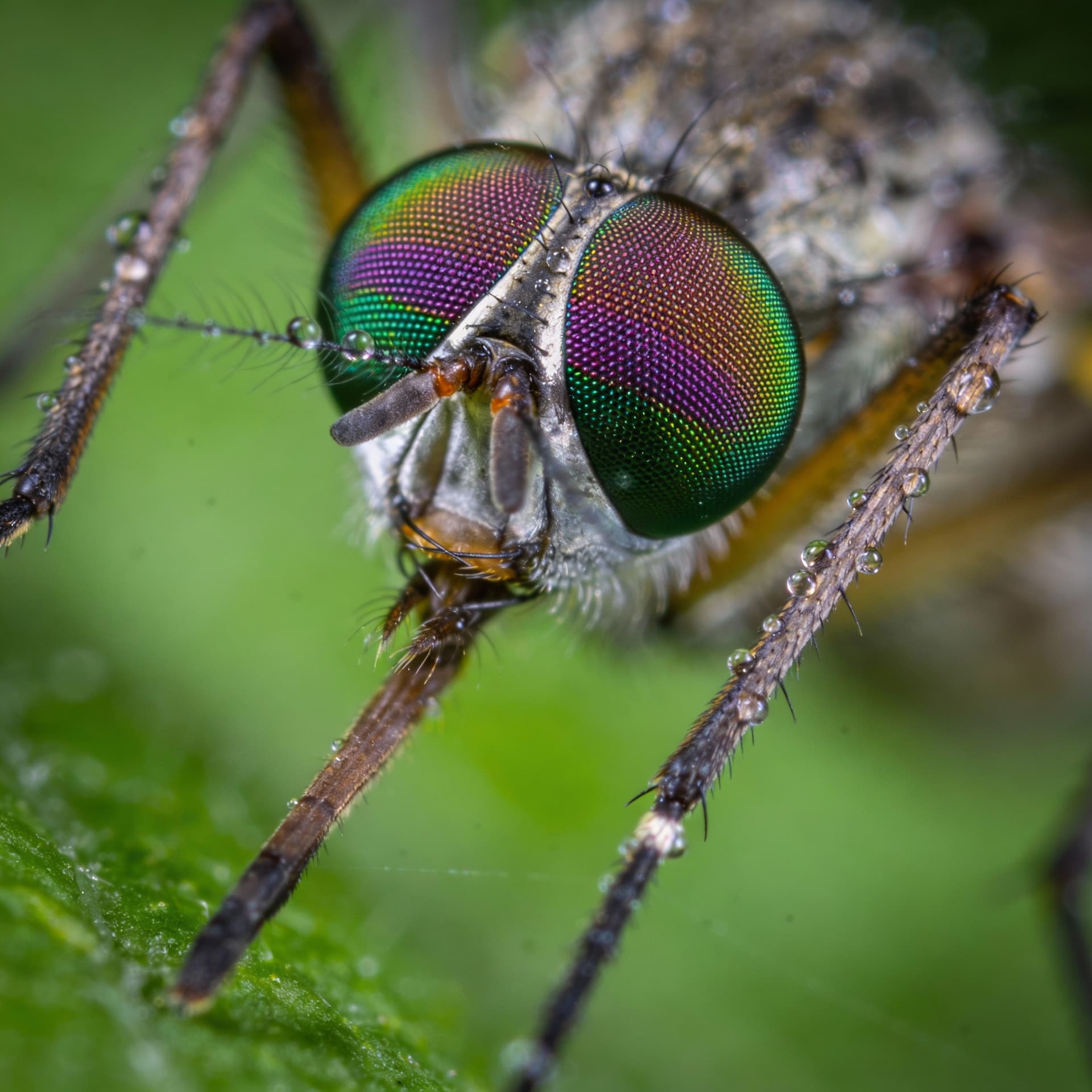 AI generated: extreme macro portrait of a Mosquito’s head, ultra-detailed compound eyes with iridescent colors, vi...