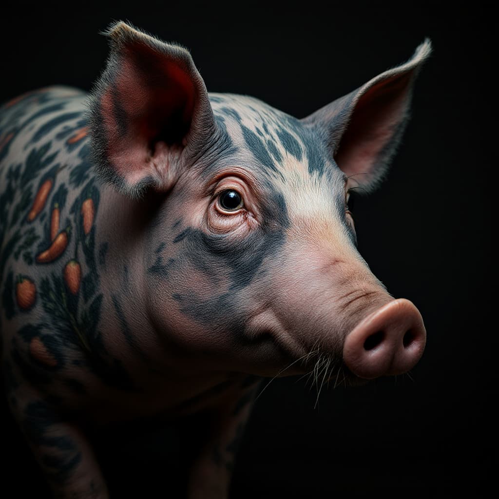 AI generated: photo close up, studio portrait hairless big fat pig thin lines tattooed with  veggies crisp, highly...