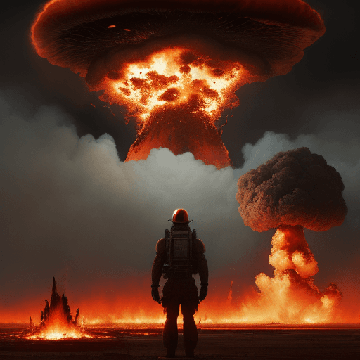 AI generated: Joe Bidenheimer, destroyer of worlds, fire on the ground, mushroom cloud in the background, redish t...