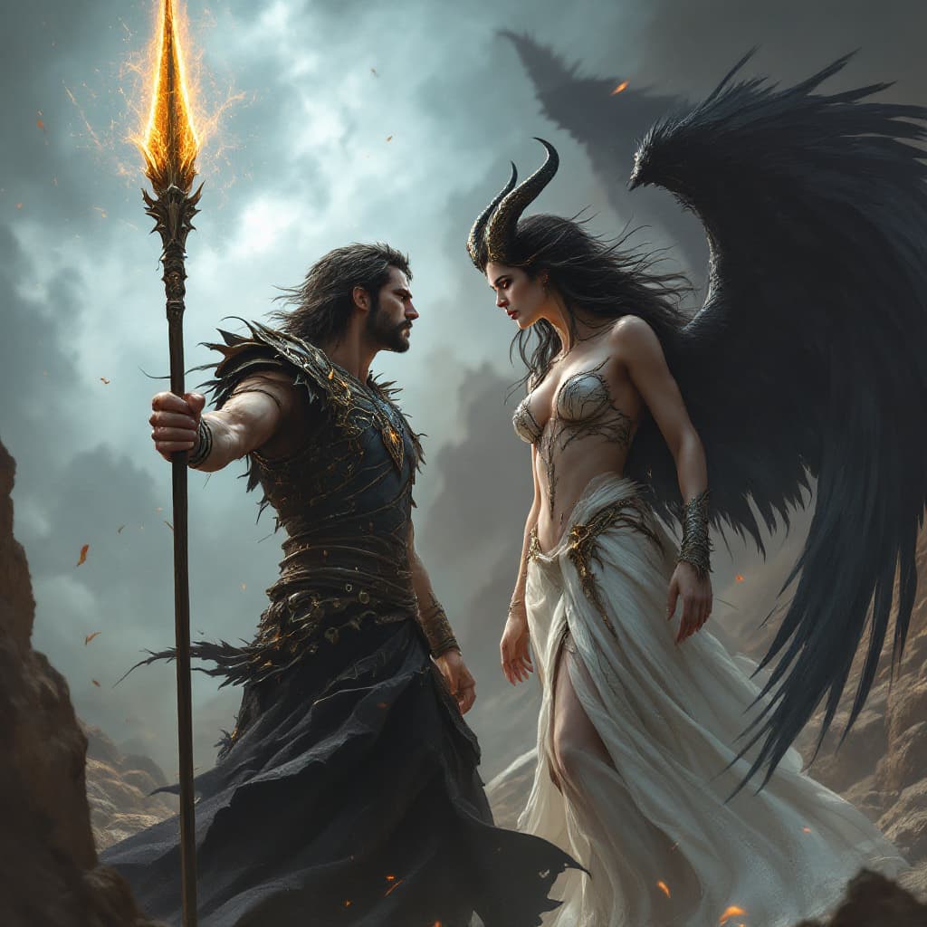 AI generated: A tense and dramatic battle unfolds in a desolate landscape. The hero, now fully recovered and radia...