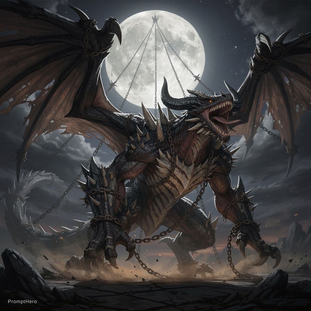 AI generated: gigantic grotesque dragon monster resembling nergigante from monster hunter world. the creature is c...
