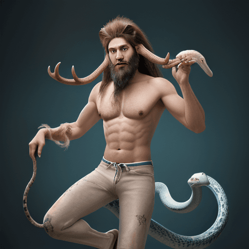 AI generated: His head is horse-like. He has a deer antler on the right, a blue goat horn on the left, one long fa...