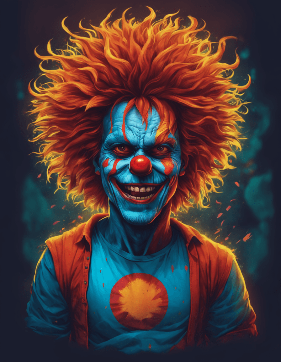 AI generated: Breathtaking , Vibrant colors , T-shirt design , Portrait of A Creepy Clown, big teeth, insane eyes ...
