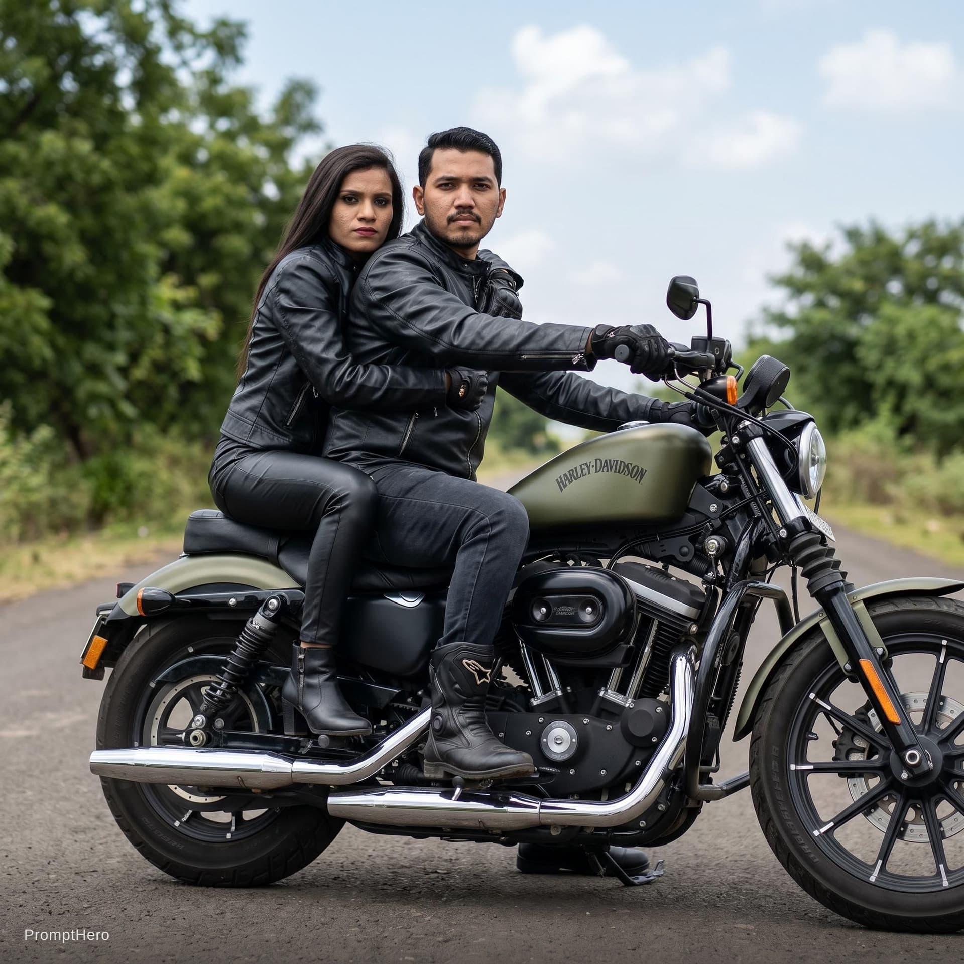 AI generated: Pair these two people with this prompt.

"A lifestyle photograph, with a biker-chic and romantic aes...