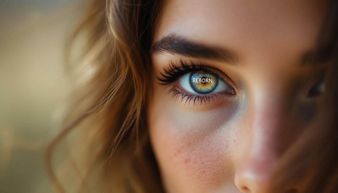 AI generated: high-resolution photograph, woman, UHD, photorealistic, with the word REBORN  faintly reflected in t...