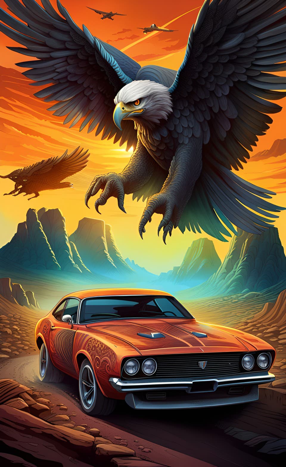 AI generated: A striking beautiful style poster, in a majestic sunset desert theme setting, of a classic retro typ...