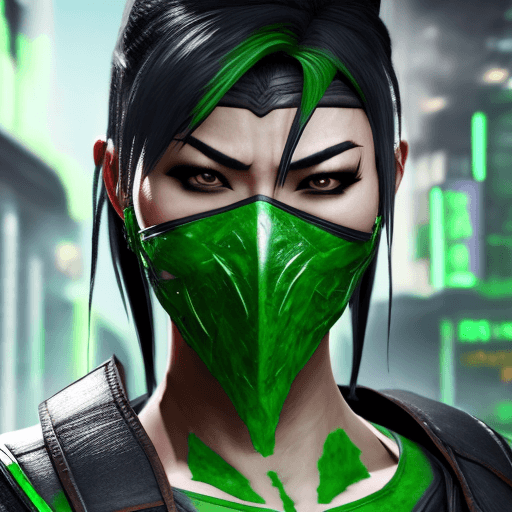 AI generated: Mortal Kombat Jade, unmasked, cyberpunk, outdoor, street, green, hyperrealism, photorealistic, 8k, u...