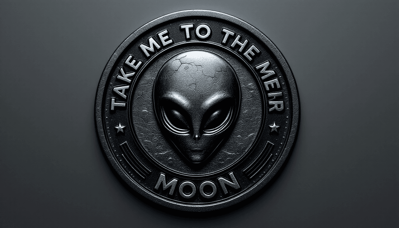 AI generated: A dark metallic meme coin with an engraved alien face and ‘Take Me To The Moon’ text around the bord...