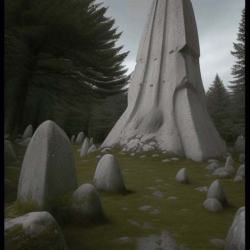 AI generated: Une clairière au cachée au fon d'une forêt avec des menhirs autour de cette clairière. Au centre de ...