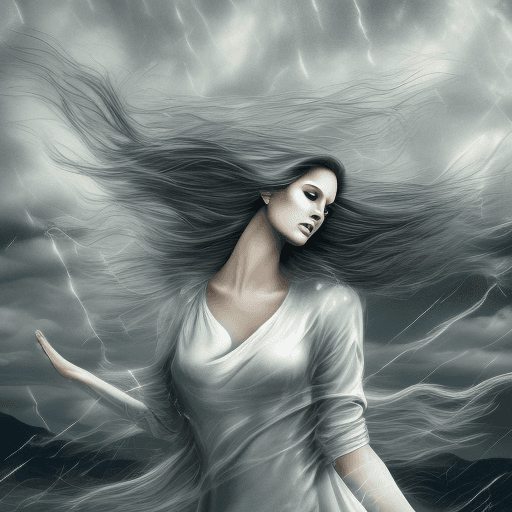 AI generated: A woman with flowing hair and a determined expression soars gracefully through a stormy sky, her win...
