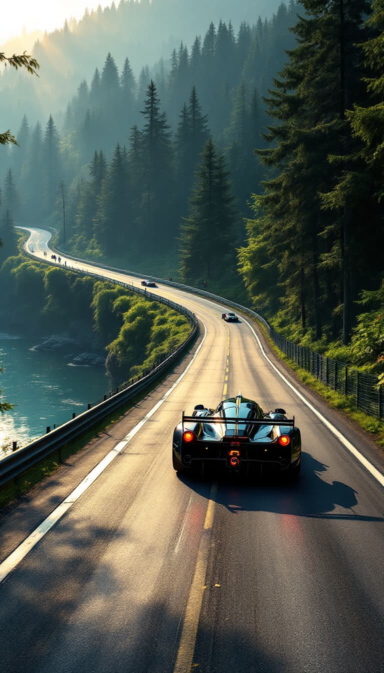AI generated: Summer.  A racing car races along a race track. The route passes through the forest to the right alo...