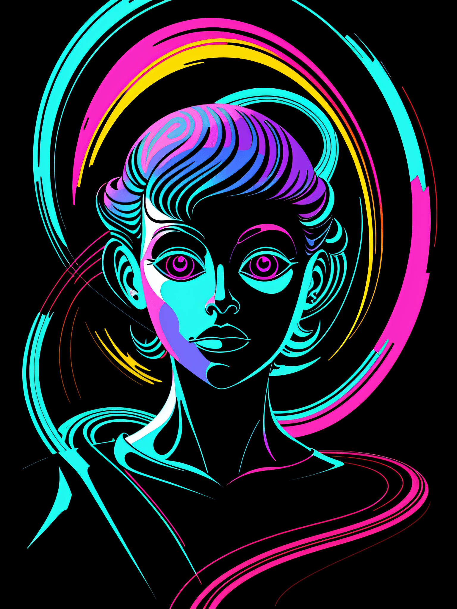 AI generated: psychadelic, vector image, t-shirt design, isolated, black background, futuristic 3D illustration