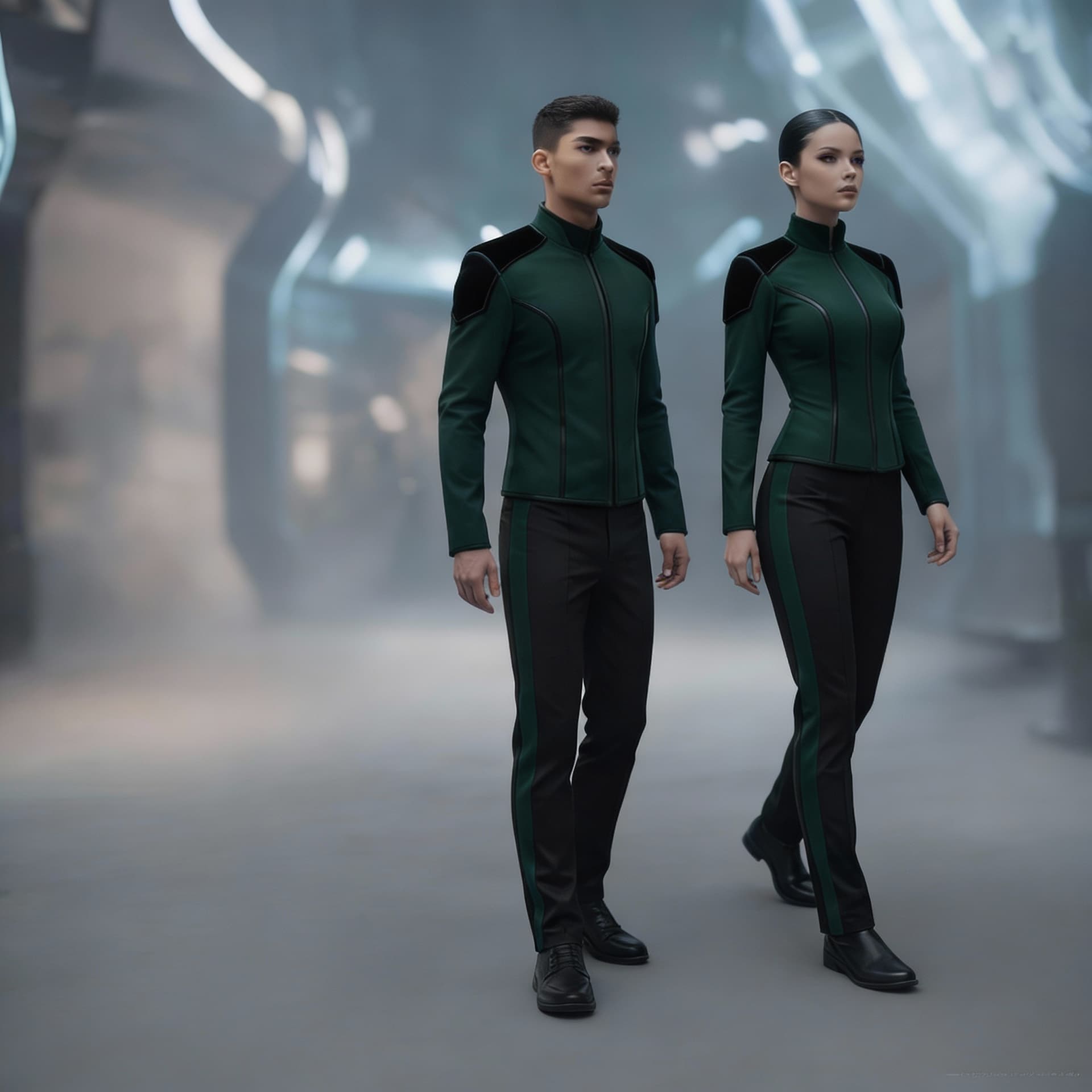 AI generated: Create matching Sci-Fi uniforms. Use the reference image 1, and turn all blue to Dark green. Just sh...