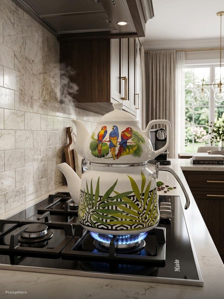 AI generated: این قوری و کتری رو برام داخل ی آشپزخونه شیک و روی گاز درست کن