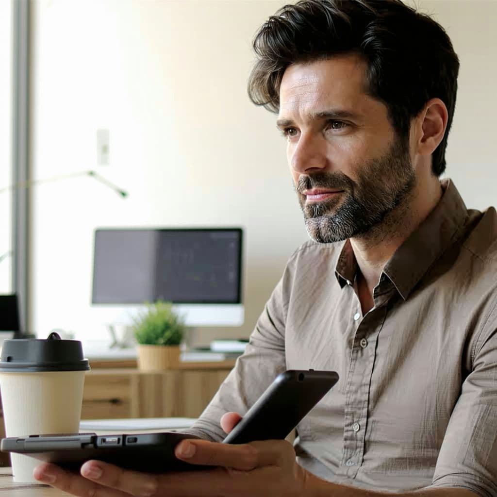 AI generated: Portrait of the same mid-30s man seated at a desk, talking on a phone, cinematic, photorealistic, sh...
