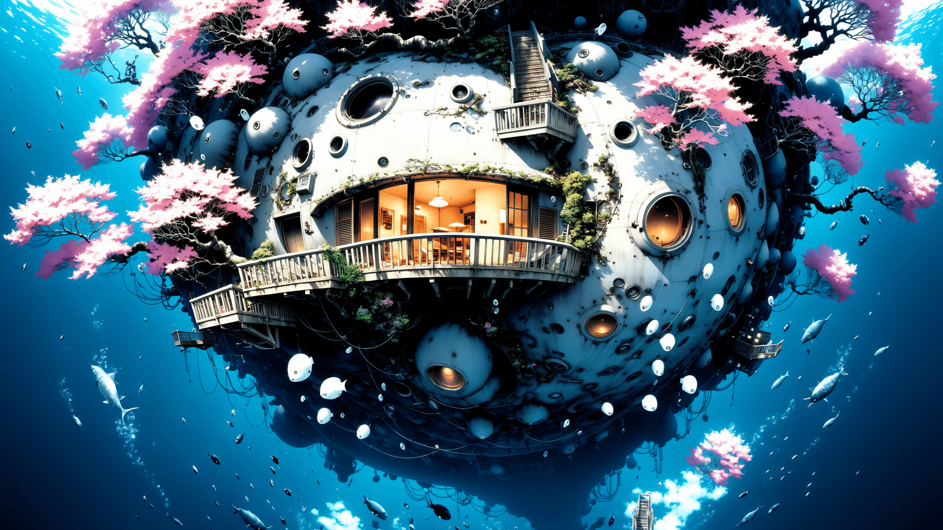 AI generated: designed by Katsuhiro Otomo, anime key visual, landscape of a (Home:1.3) and bathysphere, it is Unad...