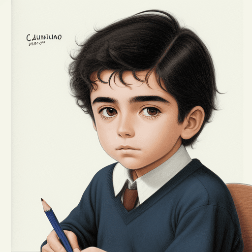 AI generated: Colored drawing of Juan Calvino, when he was a child in school, full HD and focused