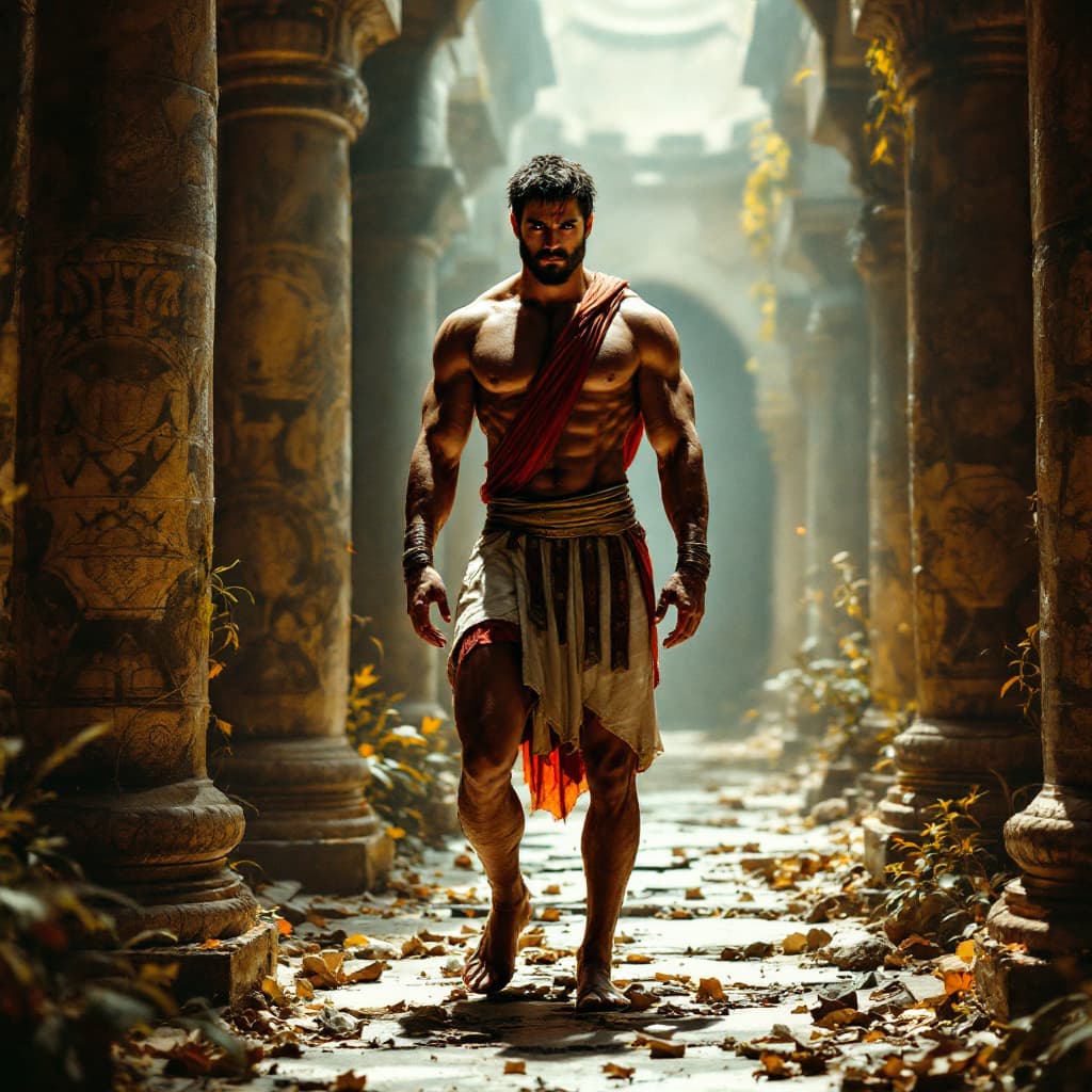 AI generated: Medium Angle - Looking at the figure from knee level, ANCIENT ROME, gladiator, ancient Roman man, Ca...