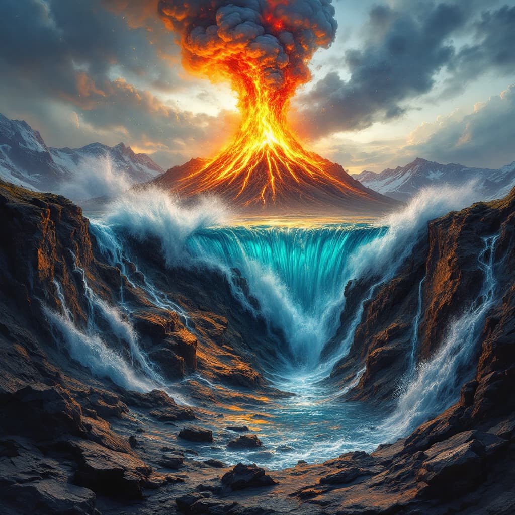 AI generated: erzeuge ein bild von einer welle, die über die ganze welt geht und ein vulkan soll auch ausbrechen

...