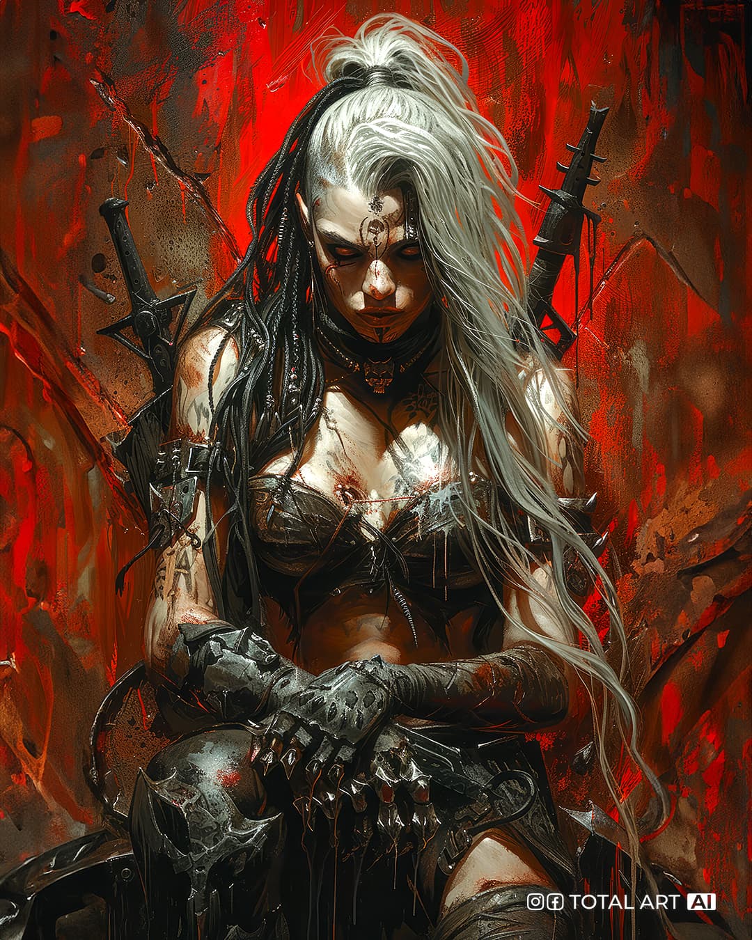 AI generated: Female vampire chaos space marine, holding a weapon, long black dreads, in the style of gritty horro...