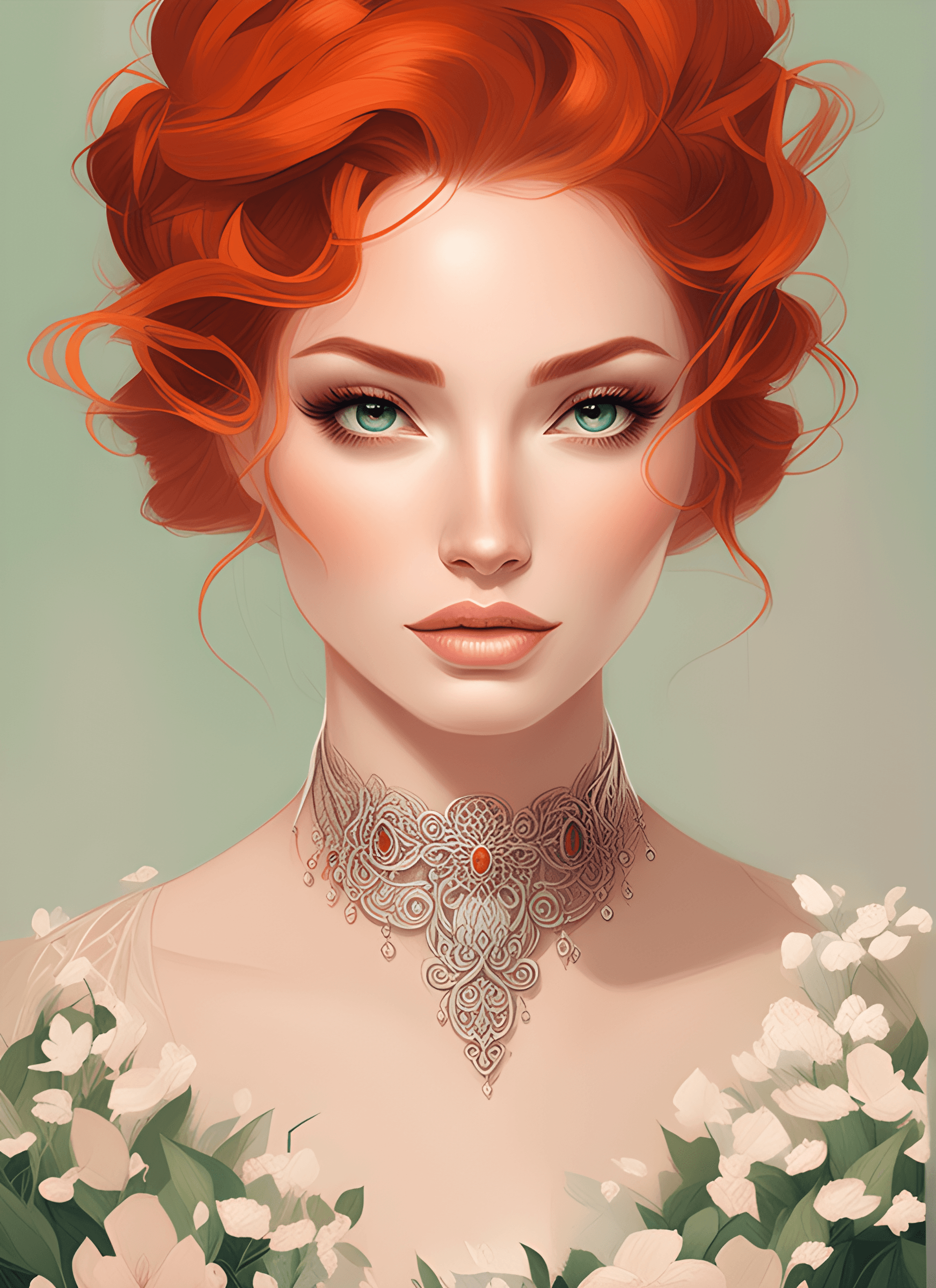 AI generated: a painting of a woman with red hair, style of charlie bowater, beautiful fantasy art portrait, beaut...