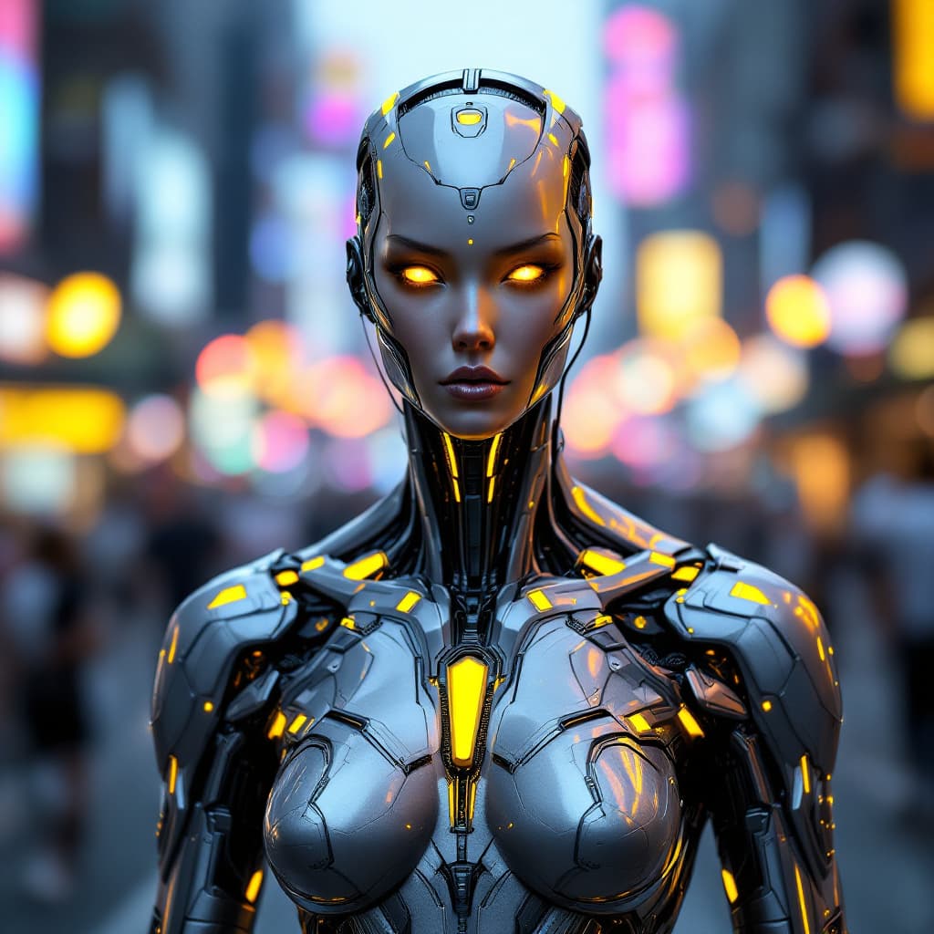 AI generated: A striking cyborg stands confidently against an urban backdrop, its metallic torso gleaming with int...