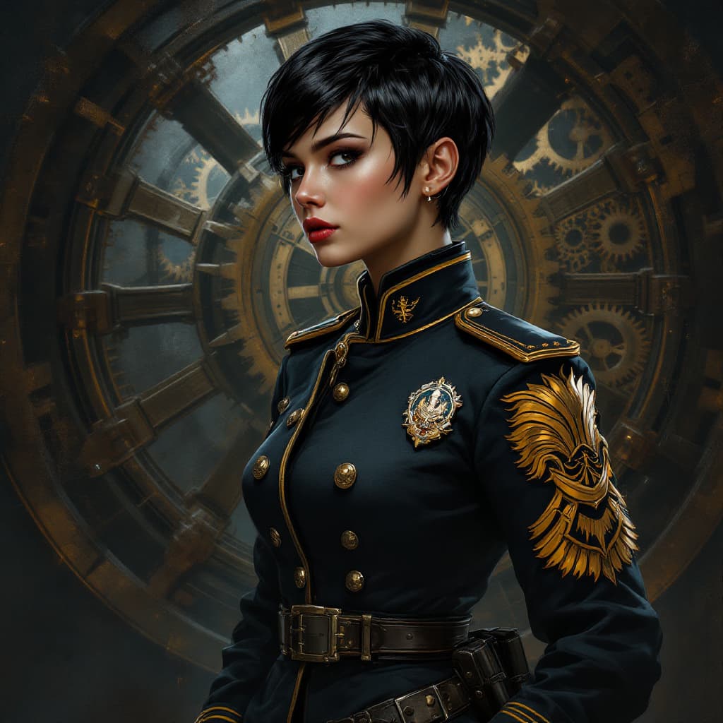 AI generated: full body, Portrait of a girl in officer's warhammer 40k comissar tunic, short pixie hair, dieselpun...