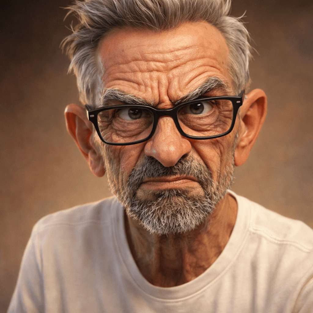AI generated: Expressive caricature in pixar style unreal charming seemingly mischievous irritated very old man wi...