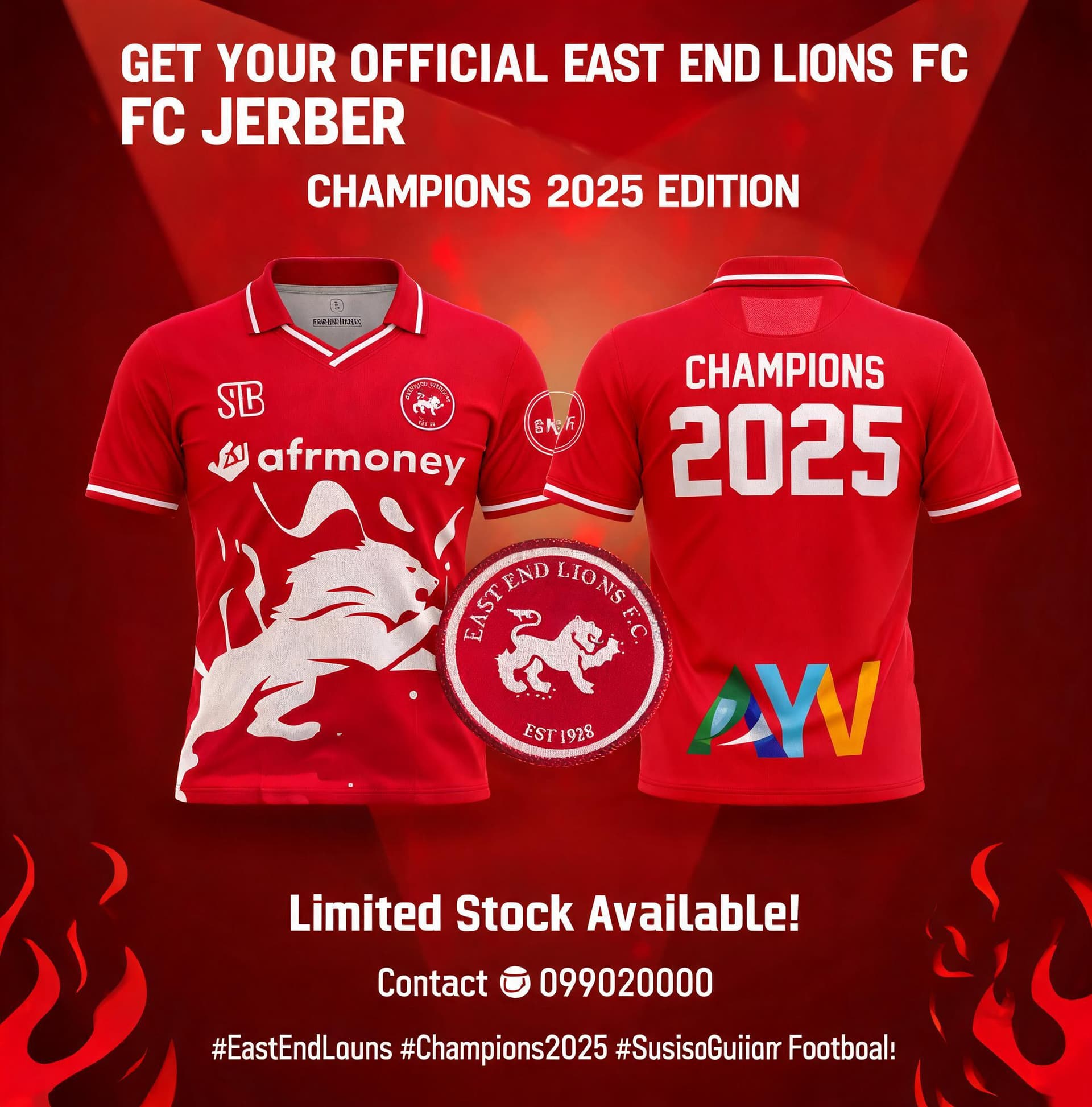 AI generated: A bold, vibrant promotional flyer for East End Lions FC featuring their iconic red jersey with the "...