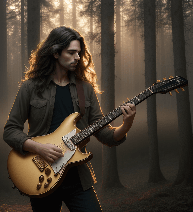 AI generated: (masterpiece, best quality, RAW photo), full body distant shot of handsome man playing electric guit...