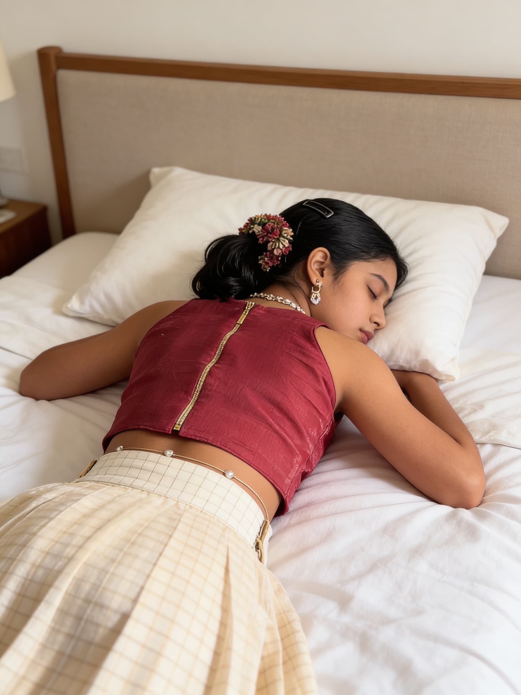 AI generated: Create the high realistic image as this Indian girl is sleeping face down lying prone position sleep...