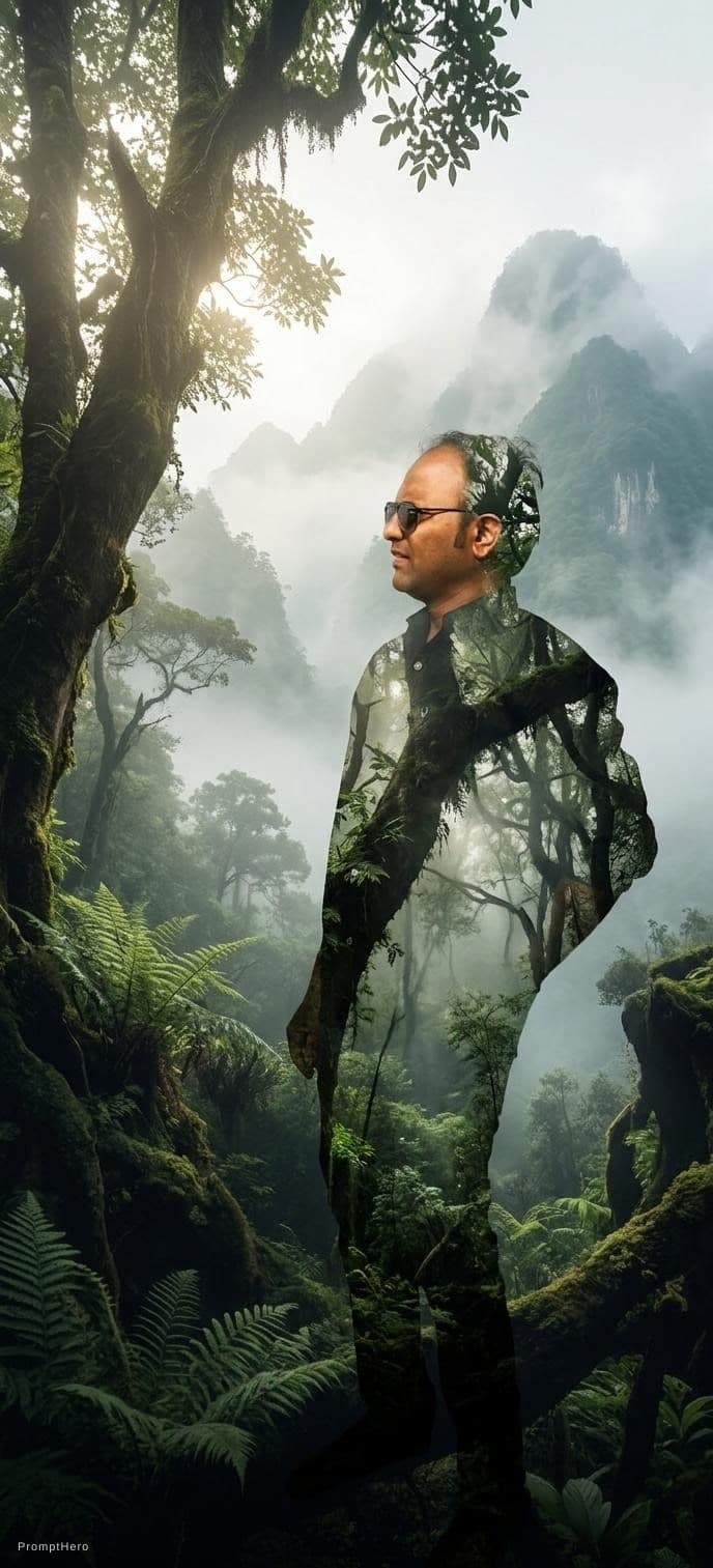 AI generated:  Double exposure photography. Keep the subject's face exactly as in the original photo, no changes t...