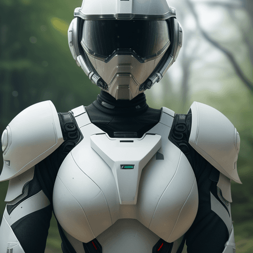 AI generated: white sci-fi female armor with cybernetic helmet, full armor, insulated armor, spacesuit, lots of fi...