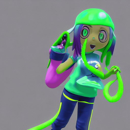 AI generated: splatoon 3 character, 3d model, adult lady, street style, unreal engine 5, green slime melt, blue an...