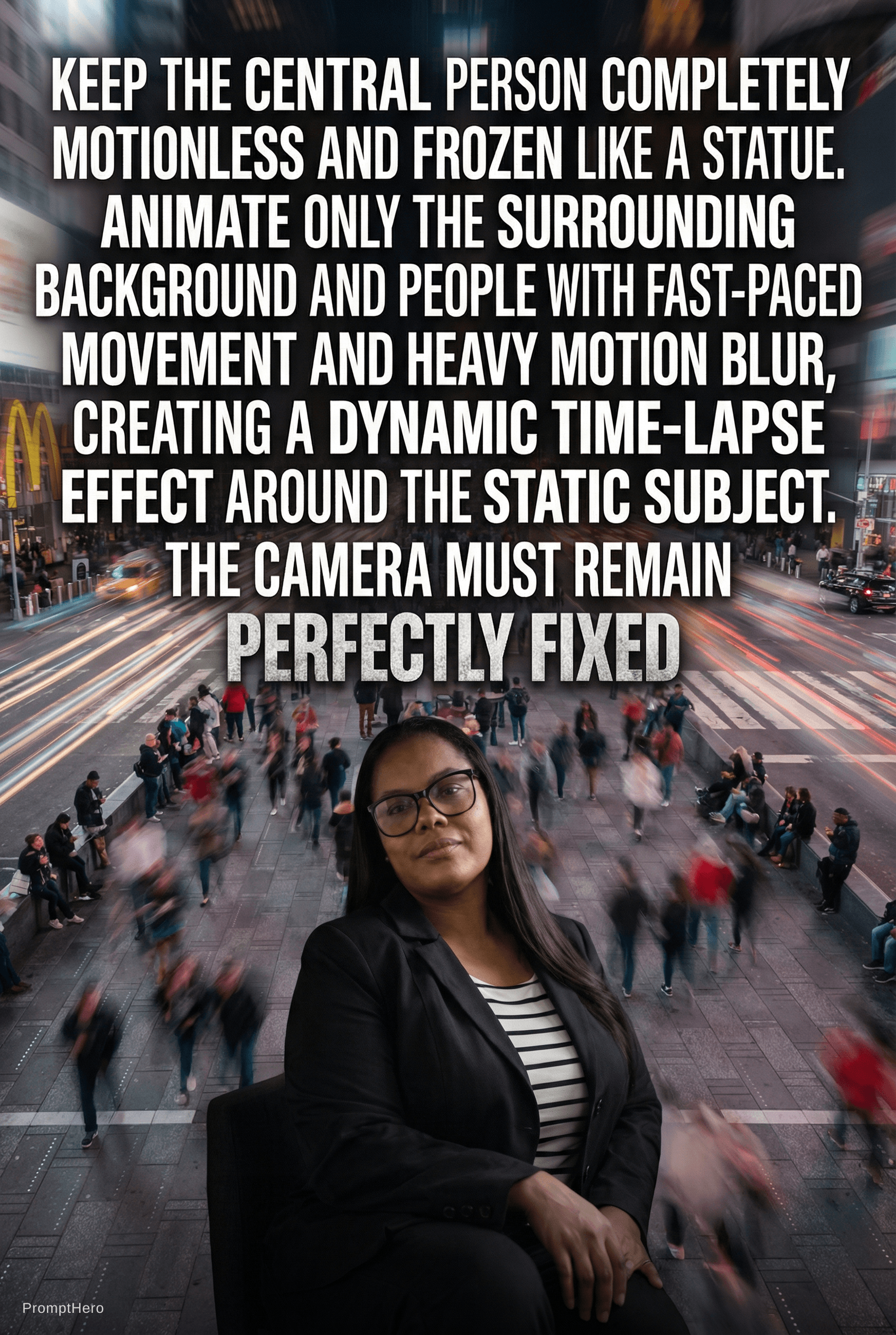 AI generated: keep the central person completely motionless and frozen like a statue. Animate only the surrounding...