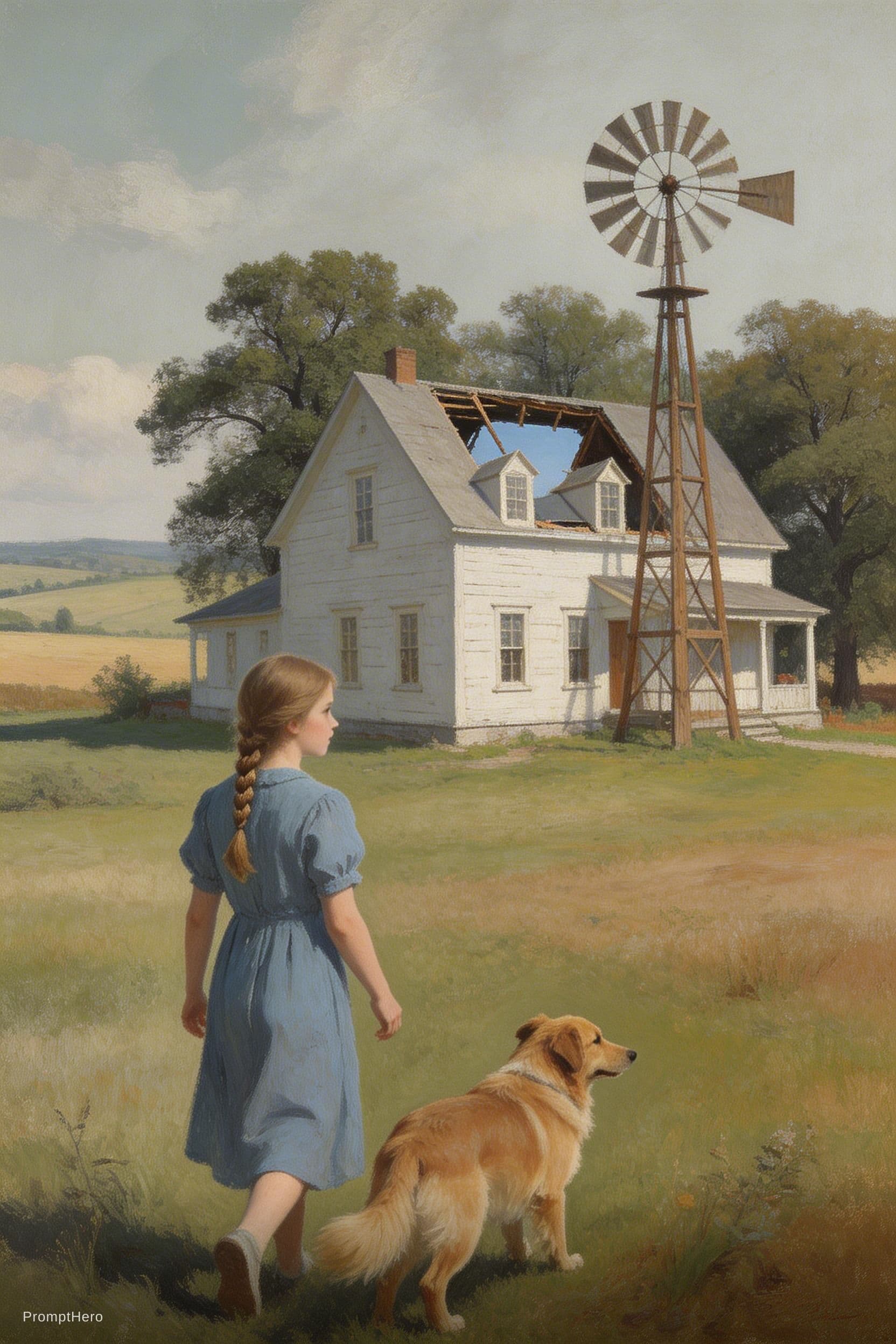 AI generated: an oil painting of a young girl and her dog walking to a magnificent farm house with a windmill, tre...