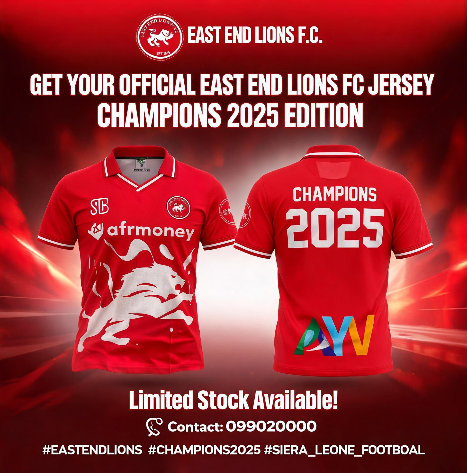 AI generated: A bold, vibrant promotional flyer for East End Lions FC featuring their iconic red jersey with the "...