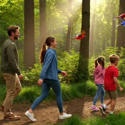 AI generated video: A happy family weekend adventure. Early morning in a beautiful green forest. A family hiking on a na...