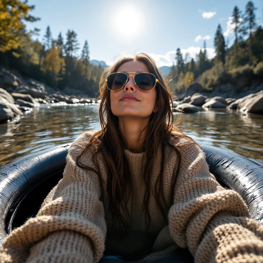 AI generated: woman relaxing on a tire floating in the river, boulders and trees along the bank, sun shining high ...