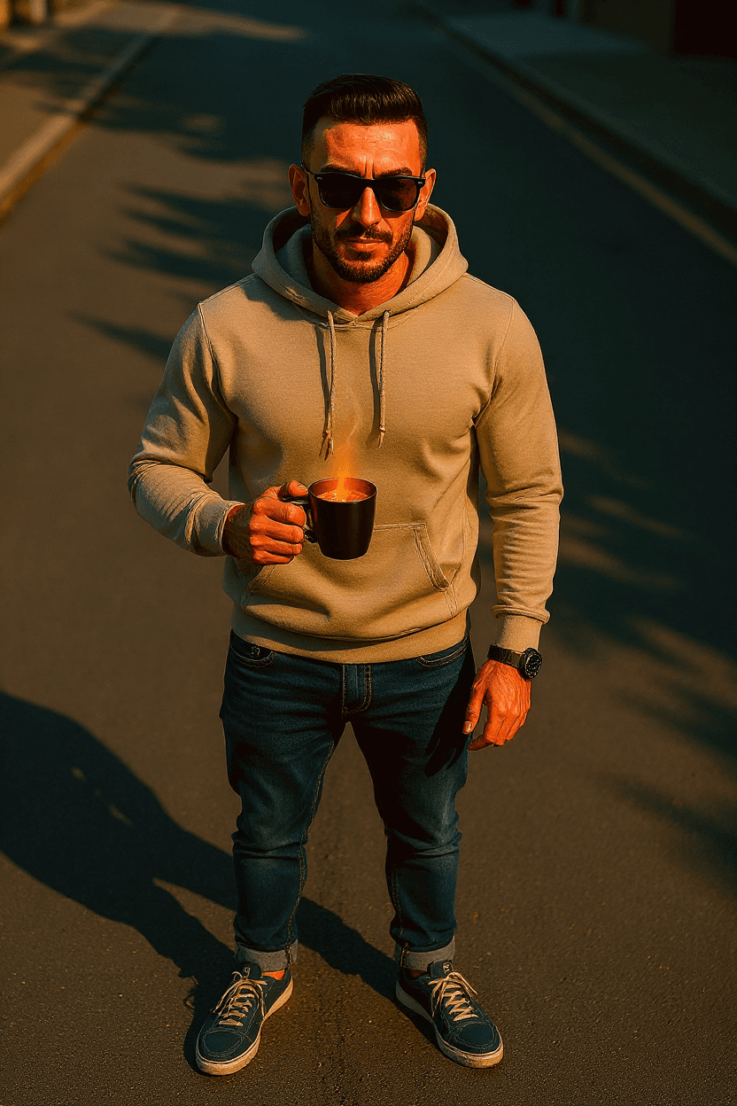 AI generated: Photography, top view, full body, male model, stylish hairstyle, standing on street, wearing beige t...
