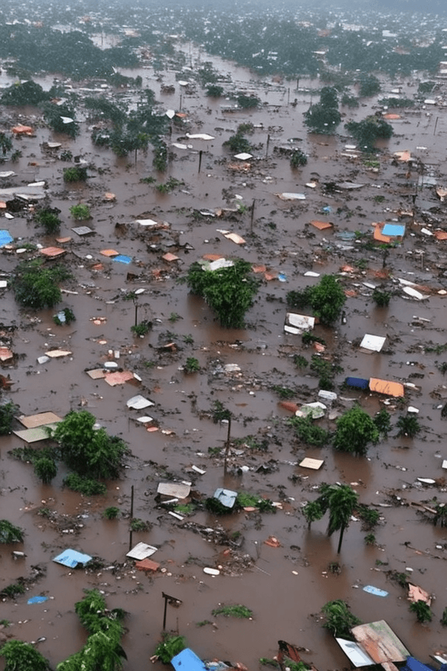 AI generated: A heavy storm and flooding of a slum area with the words: DESIGNATED SURVIVOR NYO WALA NA SA AREA OF...