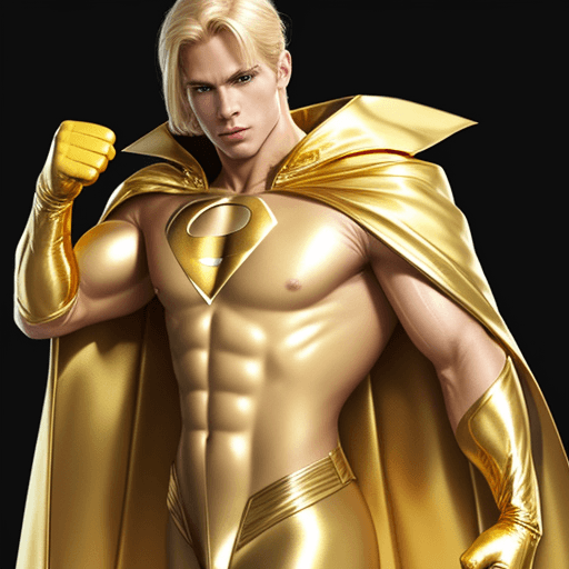 AI generated: male superhero named champion blond hair, skin tight gold suit without logo, gold cape, gold gloves
