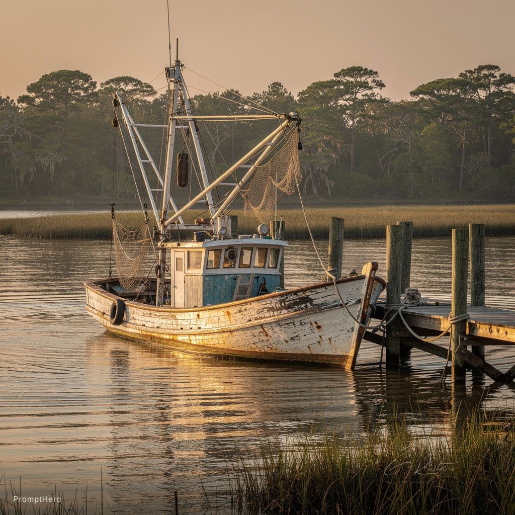 AI generated: rustic, weathered shrimp boat tied to a weathered dock on a South Carolina coastal river
