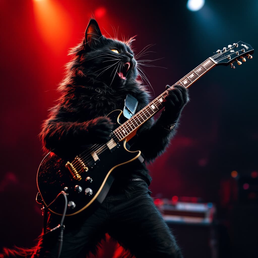 AI generated: Real photograph of a black cat playing an electric guitar, the cat looks like a rocker, it is on a r...