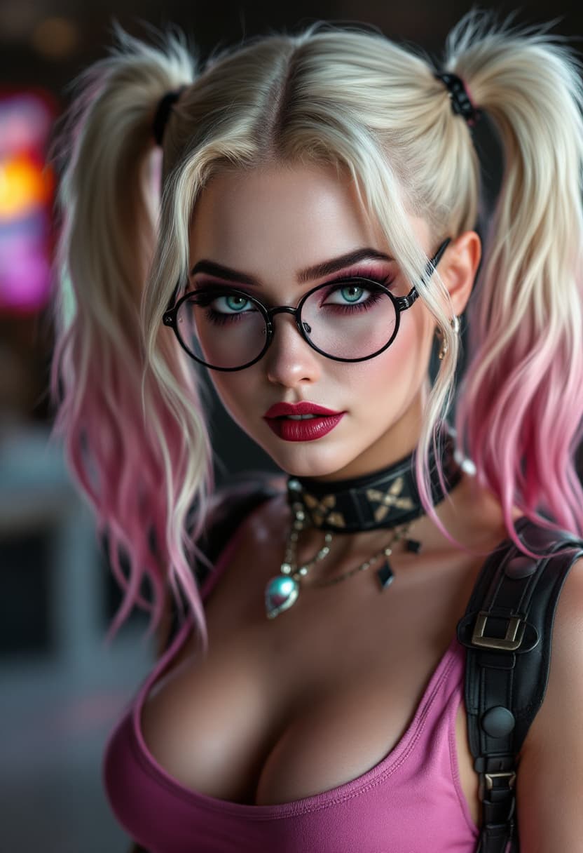 AI generated: Photo of a ultra realistic of Harley Quinn , very sultry look, so hot girl, beautiful charismatic gi...