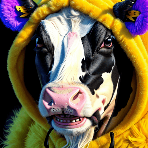 AI generated: a happy cow wearing a fuzzy and fluffy bumble bee costume with the hood on, in the style of illusory...