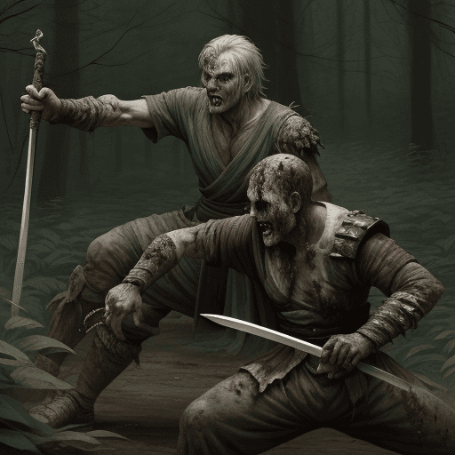 AI generated: an ancient swordsman fighting with a zombie in the forest. 