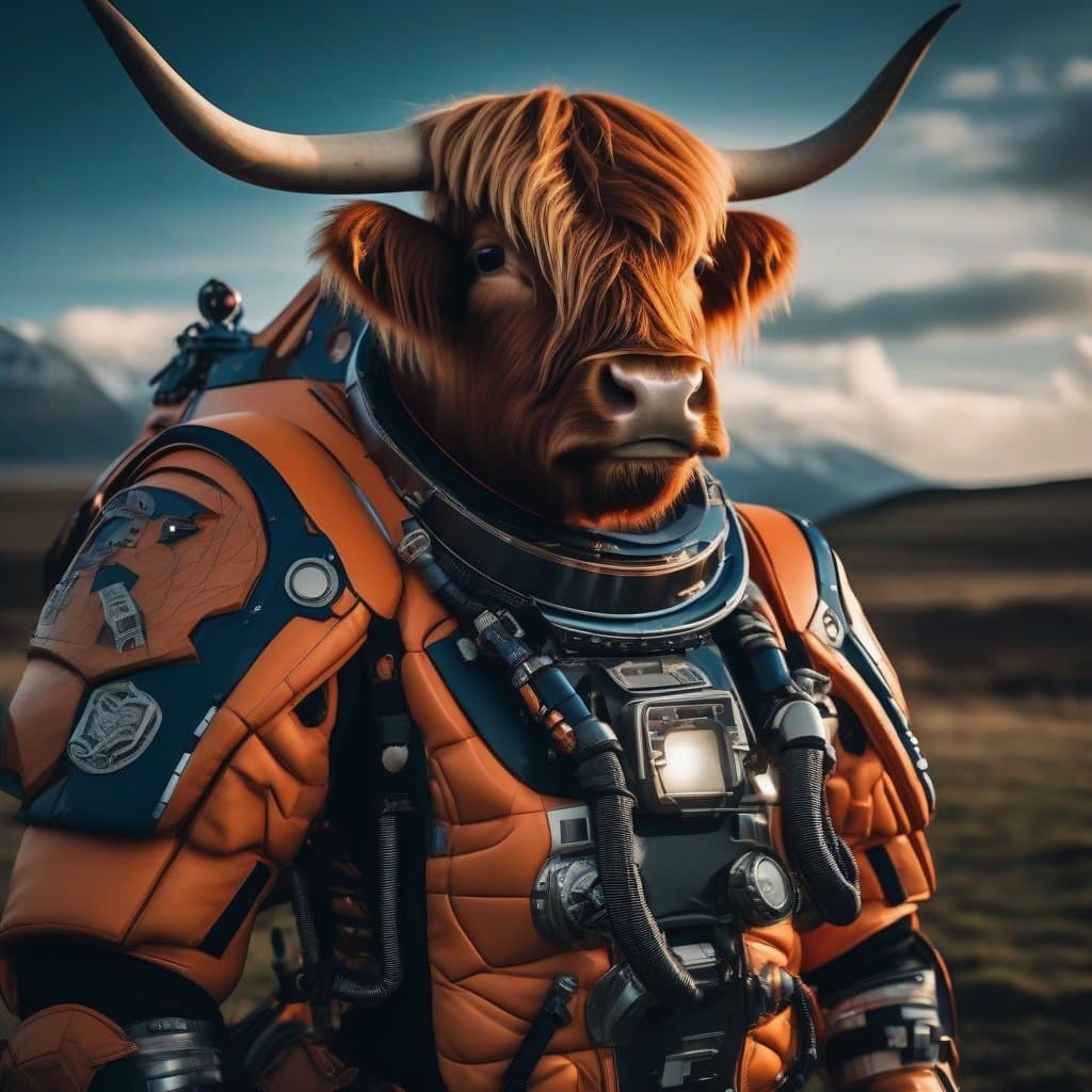AI generated: highest quality photo of ((highland cow)) space explorer (black:8), (orange:6), (dark blue:7), ((vis...